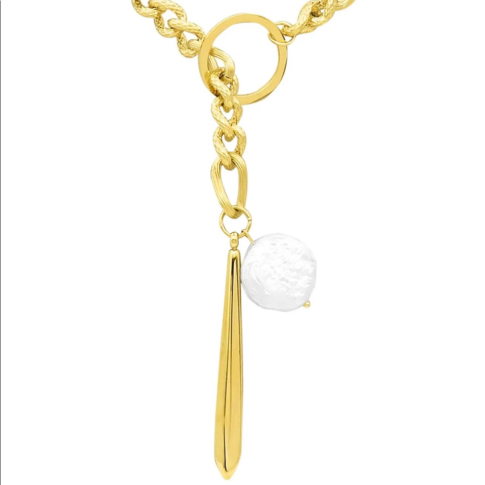 14K Yellow Gold Plated Stainless Steel Imitation Pearl Figaro Chain Necklace